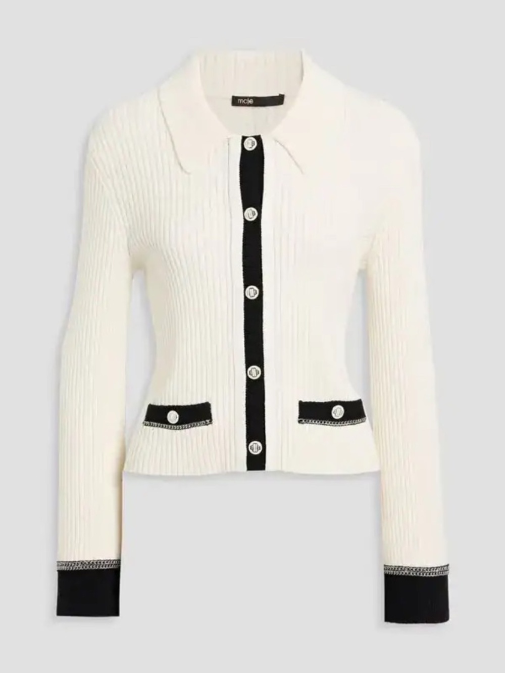 $345 MAJE Ribbed-Knit Cardigan - Cream Ivory /Black - 3 (Women's L)